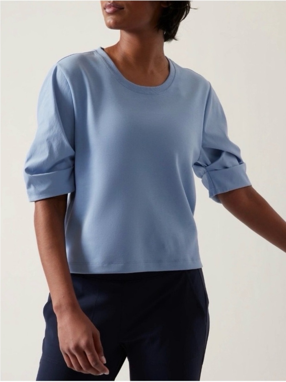 Athleta Harlow Hybrid Dusty Blue Puff-Sleeve Relaxed Tee